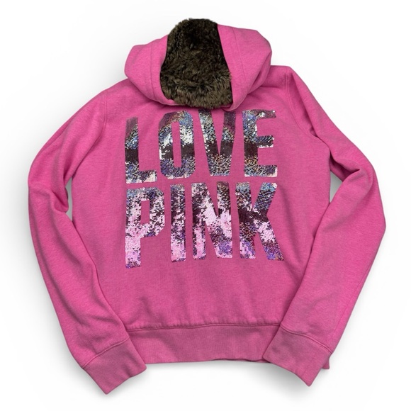 PINK Victoria's Secret Jackets & Blazers - Y2K LOVE PINK VS Fur Lined Sequin Embellished Full Zip Hooded Jacket